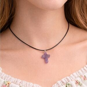 Purple Gem Cross Necklace – Natural Stone Pendant on 18”‎ Adjustable Cord